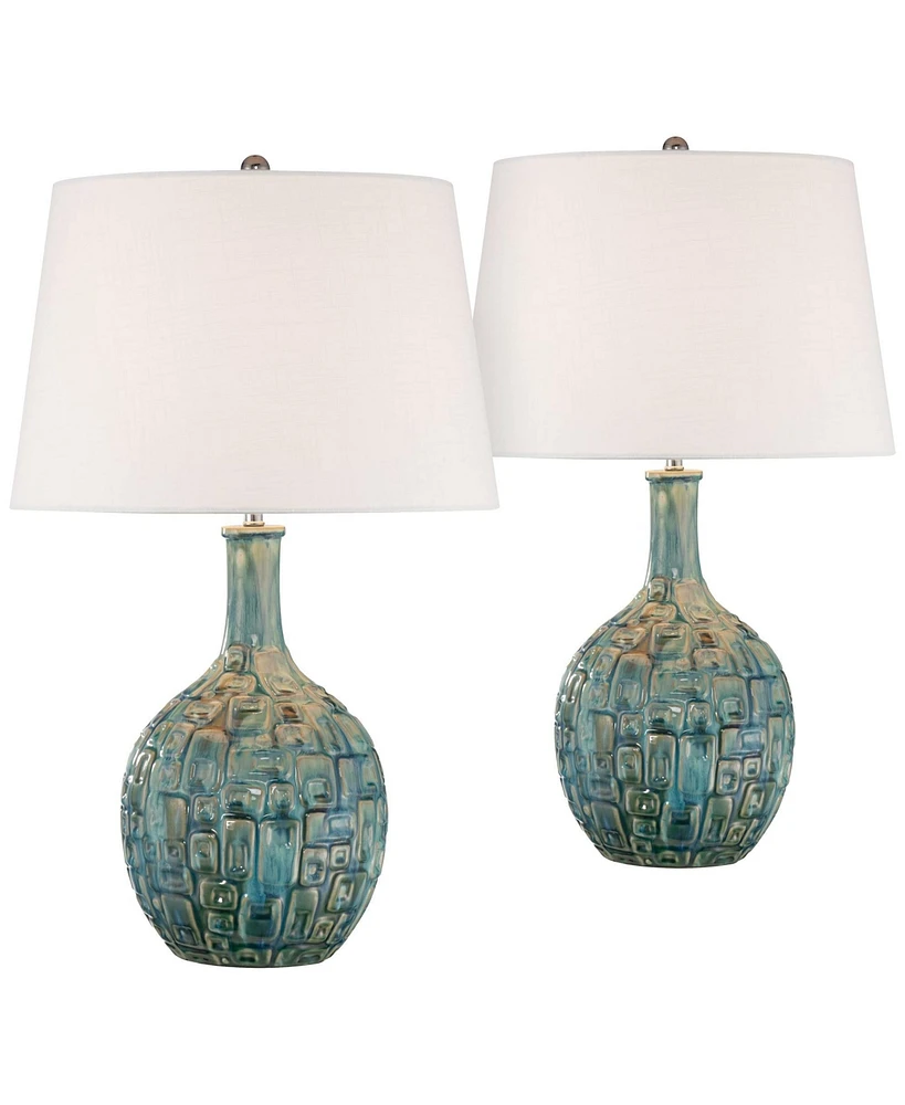 26" High Gourd Mid Century Modern Coastal Table Lamps Set of 2 Teal Ceramic Fabric White Shade Living Room Bedroom Bedside Nightstand House Offic