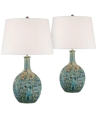 26" High Gourd Mid Century Modern Coastal Table Lamps Set of 2 Teal Ceramic Fabric White Shade Living Room Bedroom Bedside Nightstand House Offic
