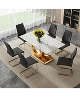 63" Glass Dining Set: Marble Table & 6 Black/Gold Chairs
