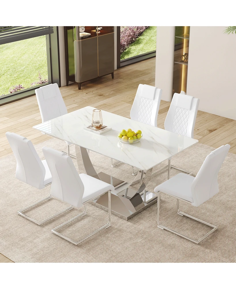 Modern Glass Dining Set: Marble Top Table & 6 White Pu Chairs