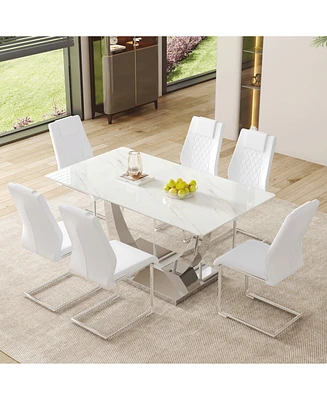 Modern Glass Dining Set: Marble Top Table & 6 White Pu Chairs