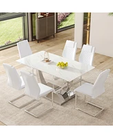 Modern Glass Dining Set: Marble Top Table & 6 White Pu Chairs