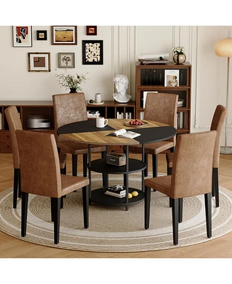 47" Round Dining Set: Table with Storage & 6 Brown Chairs