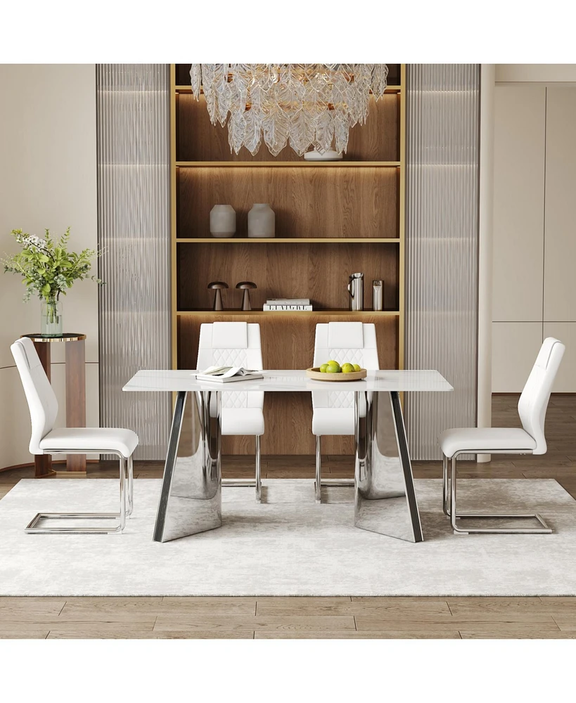 63" Snow Mountain Table & 4 White Pu Chairs