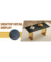 63" Black Sintered Stone Table & 6 Pu Chairs - Golden Legs