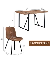 Retro Wood Table & 4 Brown Tech-Fabric Chairs