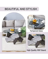 33.4" Round Glass Coffee Table - Grey Patterned Legs