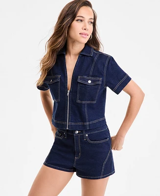 Bar Iii Women's Seamed Denim Zip-Front Top, Exclusively at Macy's