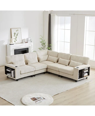 L-Shaped Corduroy Sectional Sofa with Storage & Cup Holder