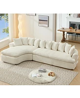 127" Large Beige Corduroy Sectional Sofa - Curved Design, High-Resilience Foam