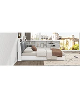 Wood Full Size platform bed with Storage Headboard, Shelves and 2 Drawers, White