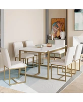 Modern Dining Table Set for 6 Faux Marble Kitchen Table Set with 6 Upholstered Dining Chairs, 7-Piece, White+Golden