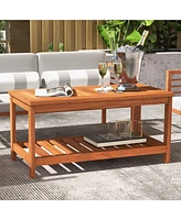 2-Tier Patio Coffee Table with Slatted Tabletop and Shelf