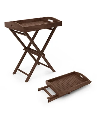 Solid Teak Wood Tray Table with Removable Tray Top for Patio and Garden