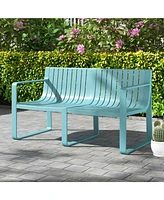 Weather-resistant Plastic 2-Person Bench with Curved Backrest-Blue