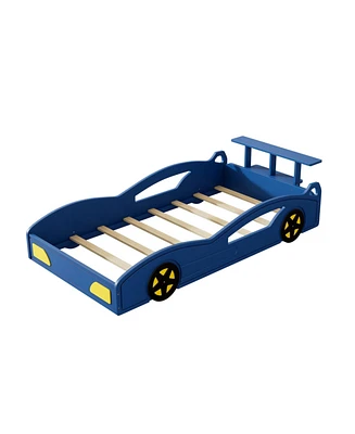 Wooden Race Car Bed,Car-Shaped Platform Twin Bed with Wheels For Teens