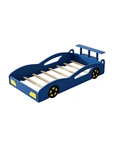 Wooden Race Car Bed,Car-Shaped Platform Twin Bed with Wheels For Teens