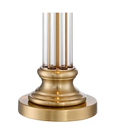 Rolland Traditional Table Lamps 30" Tall Set of 2 Clear Glass Antique Brass Gold Off-White Fabric Drum Shade for Bedroom Living Family Room Bedsi