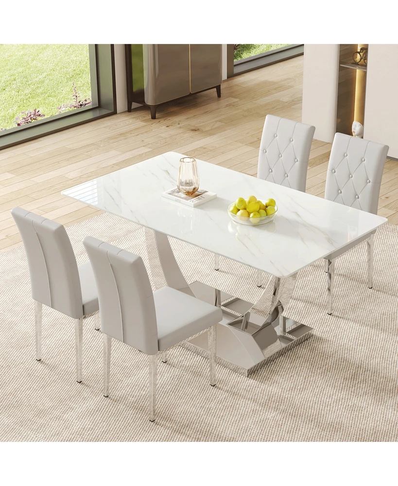 Modern Glass Dining Table Set with 4 Gray Chairs