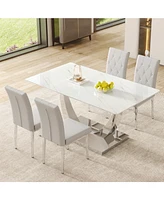 Modern Glass Dining Table Set with 4 Gray Chairs