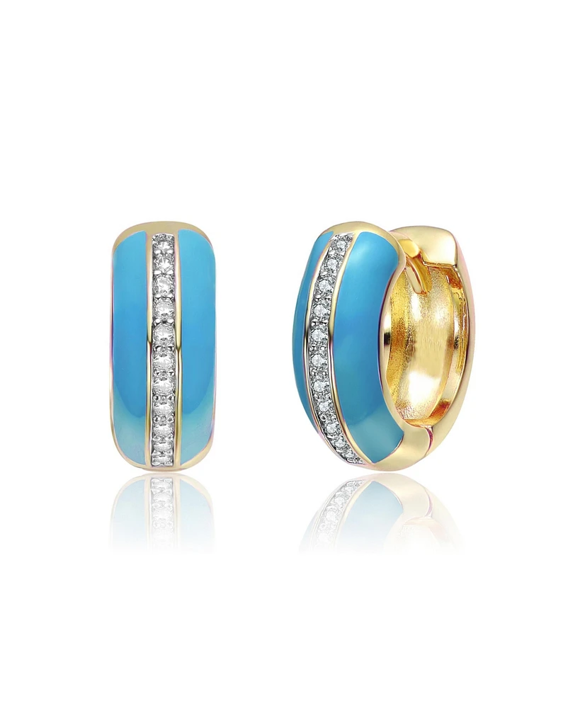 14K Gold Plated with Clear Cubic Zirconia Colored Enamel Hoop Earrings