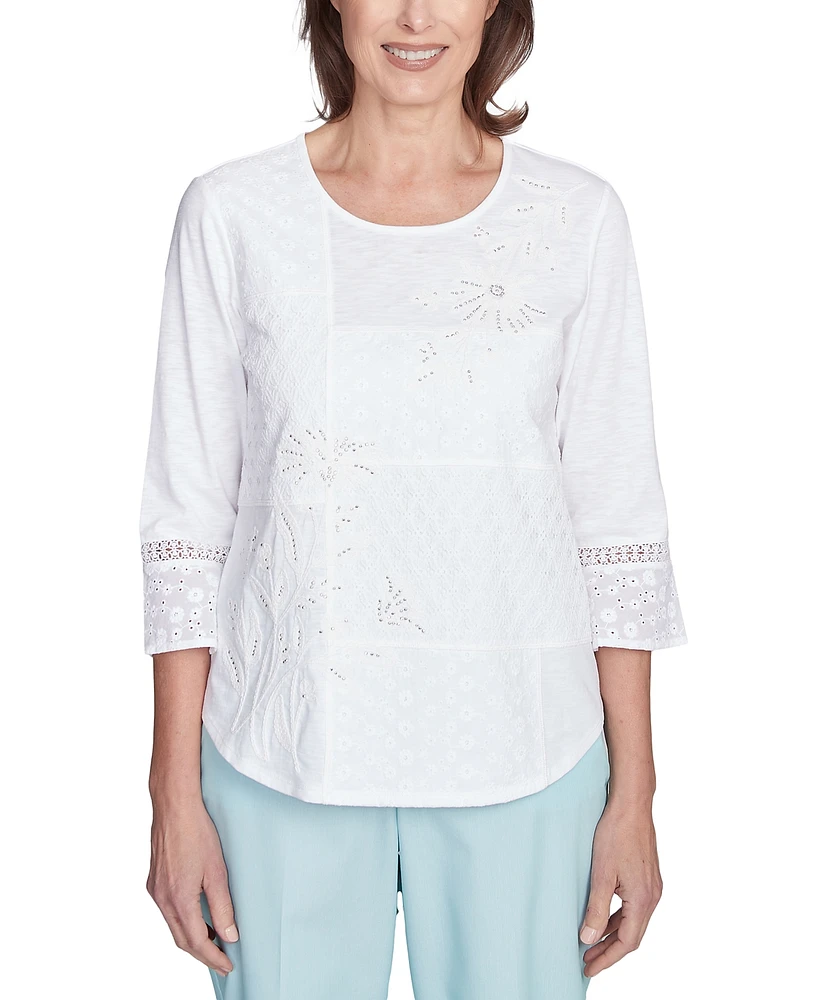 Alfred Dunner Petite Lace-Patchwork 3/4-Sleeve Top