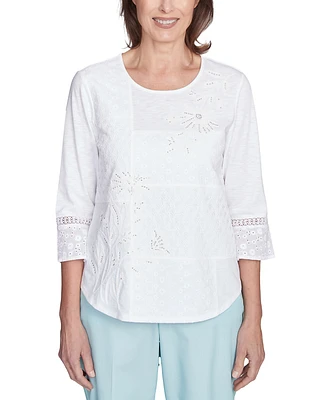 Alfred Dunner Petite Lace-Patchwork 3/4-Sleeve Top