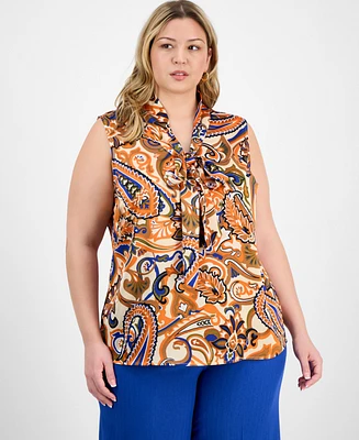Tahari Asl Plus Paisley-Print Tie-Neck Blouse