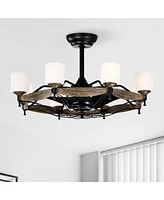 Dia 33 inch Chandelier Ceiling Fan for Bedroom Dining Room Living Room Kitchen Farmhouse Entry,Matte Black+ Wood Grain