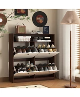 Shoe Storage Cabinet: 4 Flip Drawers, Wooden Handles, Freestanding, Anti-Tip Fitting
