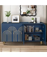 Navy Blue Fluted Sideboard Buffet with 4 Doors
