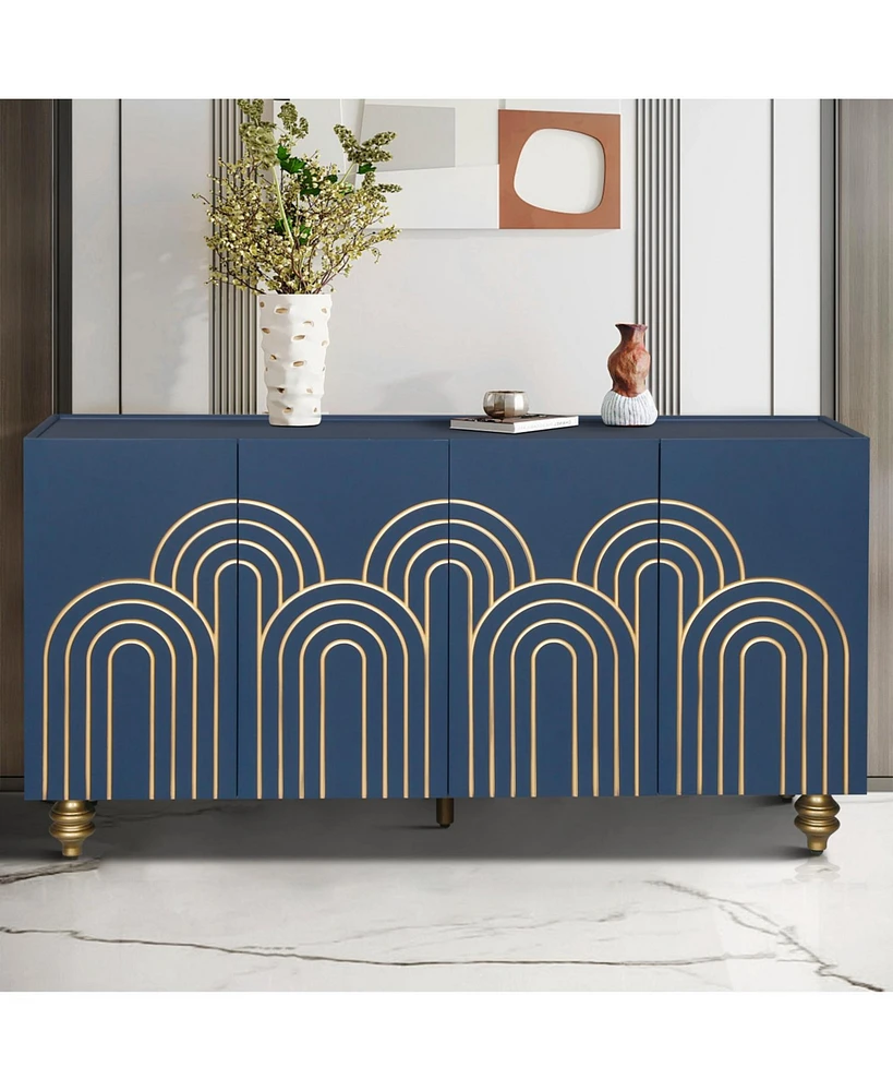 Navy Blue Fluted Sideboard Buffet with 4 Doors