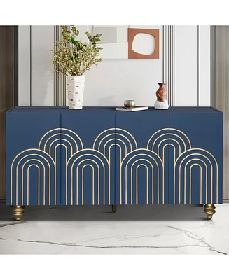 Navy Blue Fluted Sideboard Buffet with 4 Doors