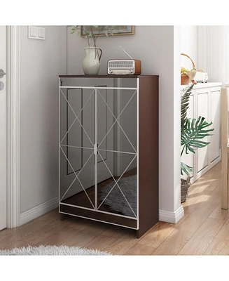 Elegant Decor Mirrored Cabinet with Silver Edging, Mirrored Cabinet with Double Door Storage, Shoe Storage Cabinet for Entryway, Glass+Brown Finish