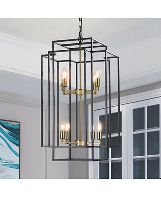 8-Lights Black & Gold Lantern Tiered Pendant Light Fixtures, Industrial Farmhouse Hanging Chandelier (No Bulbs)