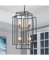 8-Lights Black & Gold Lantern Tiered Pendant Light Fixtures, Industrial Farmhouse Hanging Chandelier (No Bulbs)