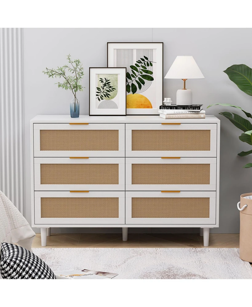 43.31"6-Drawers Rattan Storage Cabinet Rattan Drawer,for Bedroom,Living Room,White