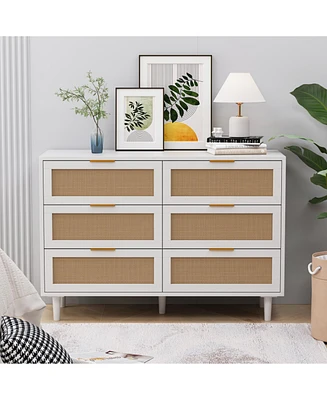 43.31"6-Drawers Rattan Storage Cabinet Rattan Drawer,for Bedroom,Living Room,White