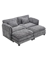 Plush Chenille Sofa with Detachable Armrests, Footstools and Side Pockets