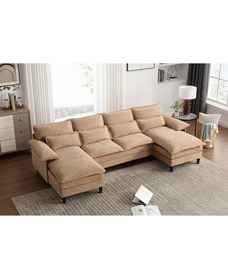 U Shaped Modular Sectional Sofa Couch, corner sofa with 4pcs waist pillows, Chaise Lounge, terrycloth fabric sofa,Upholstered 4 Seater Couch for Livin