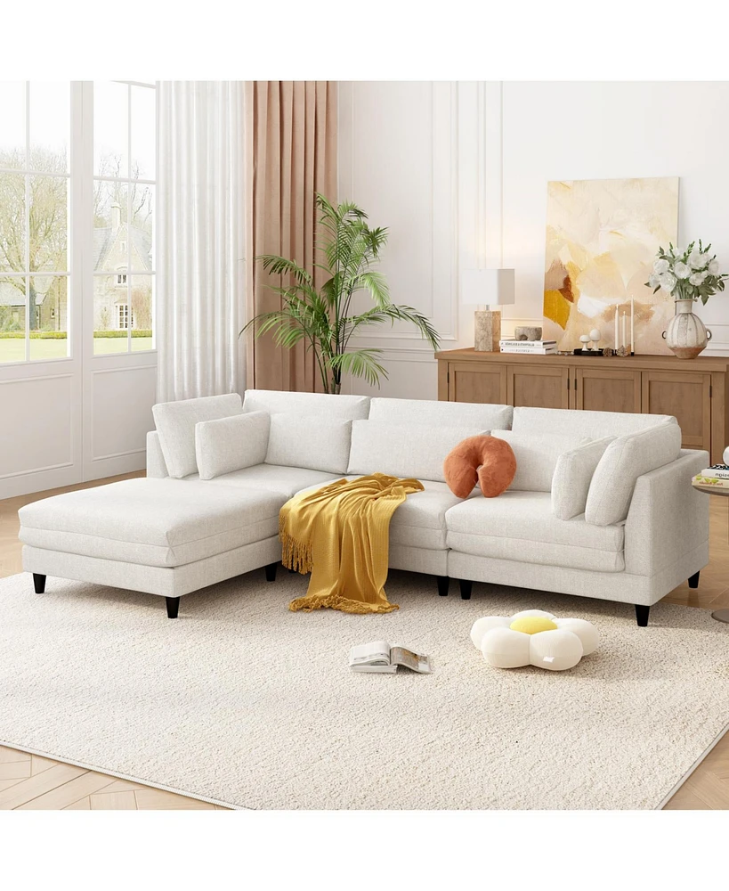 Modern Sectional Sofa with Ottoman, 4-Seat Set, 110" L-Shaped Sofa with Pillows