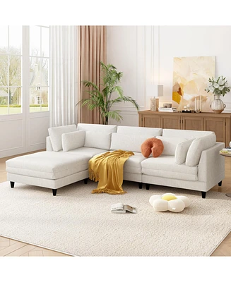 Modern Sectional Sofa with Ottoman, 4-Seat Set, 110" L-Shaped Sofa with Pillows