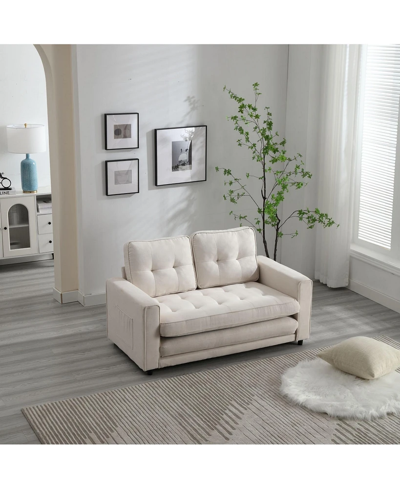 Convertible Sofa Bed Set in Gray & Beige Linen Fabric