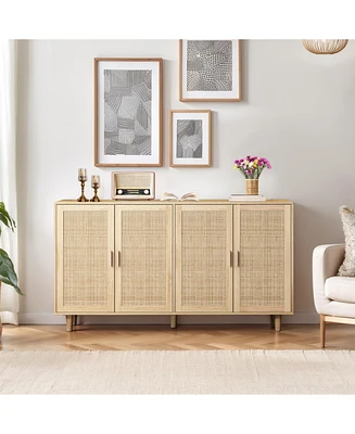 62.20" Elegant and Functional 4-Door Rattan Decorative Storage Cabinet, for Bedroom, Living Room, Office, Easy Assembly(Same Sku:W757133282)