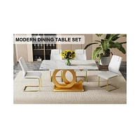63" Glass Dining Set: Marble Table & 4 White/Gold Chairs