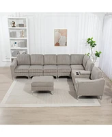 Corduroy Convertible Sectional Sofa with Ottoman, Gray