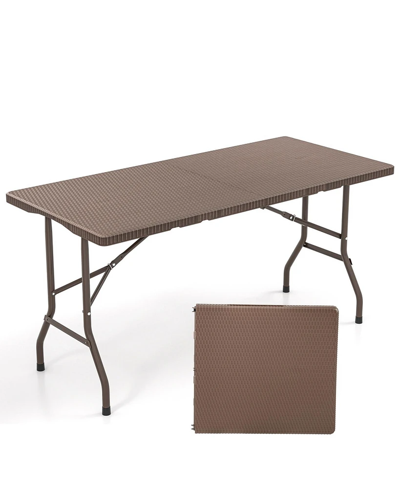 5FT Folding Picnic Table with Rattan Grain Hdpe Tabletop and Sturdy Metal Fame