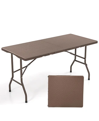 5FT Folding Picnic Table with Rattan Grain Hdpe Tabletop and Sturdy Metal Fame