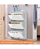 3 Drawer All Steel Shoe Cabinet, Freestanding Shoe Rack Storage Organizer with Flip Door, Modern Tipping Bucket Shoe Cabinet for Entryway, Hallway, Be