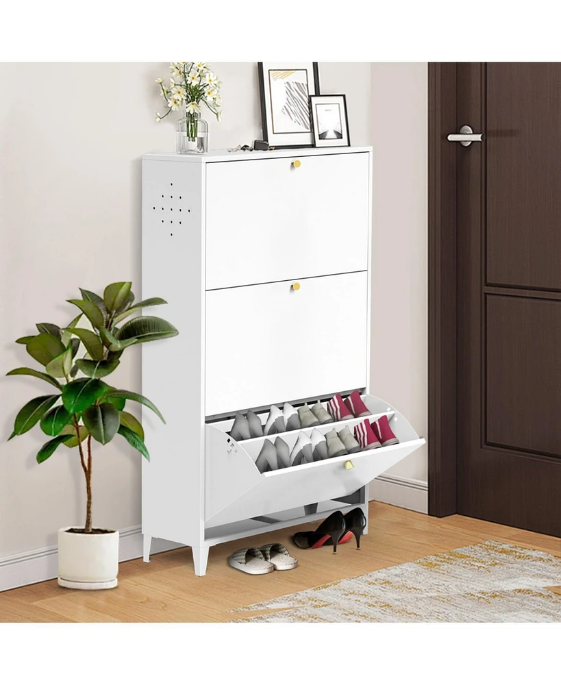 3 Drawer All Steel Shoe Cabinet, Freestanding Shoe Rack Storage Organizer with Flip Door, Modern Tipping Bucket Shoe Cabinet for Entryway, Hallway, Be